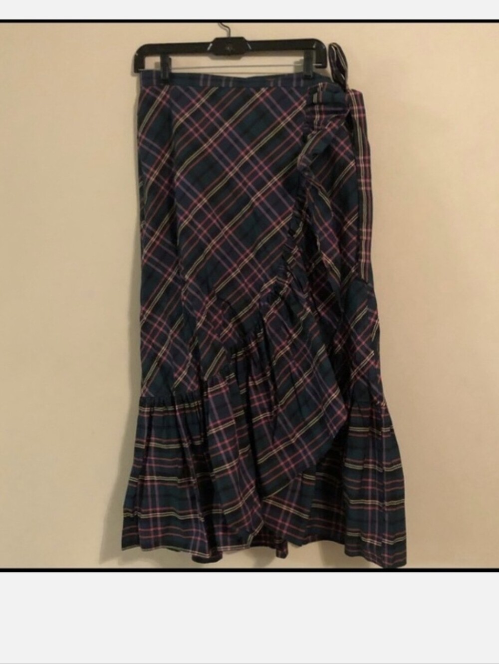 Rare - J.Crew Plaid Maxi Wrap Skirt with Ruffle Hem - Navy & Pink
